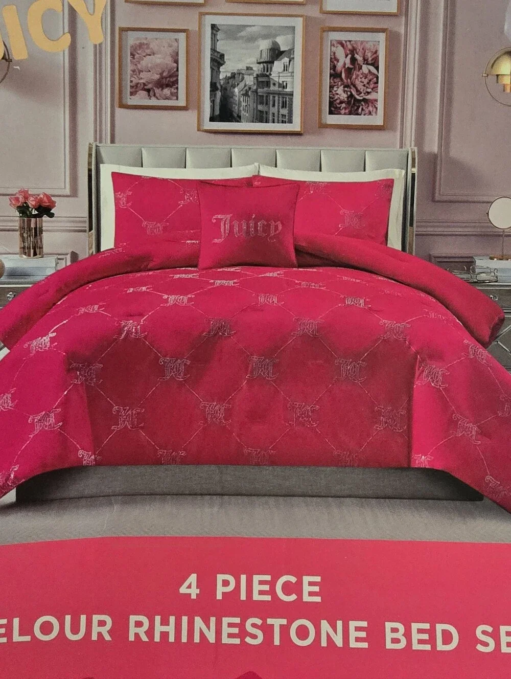 Juicy Couture Full/Queen Hot pink velour rhinestone bed set new